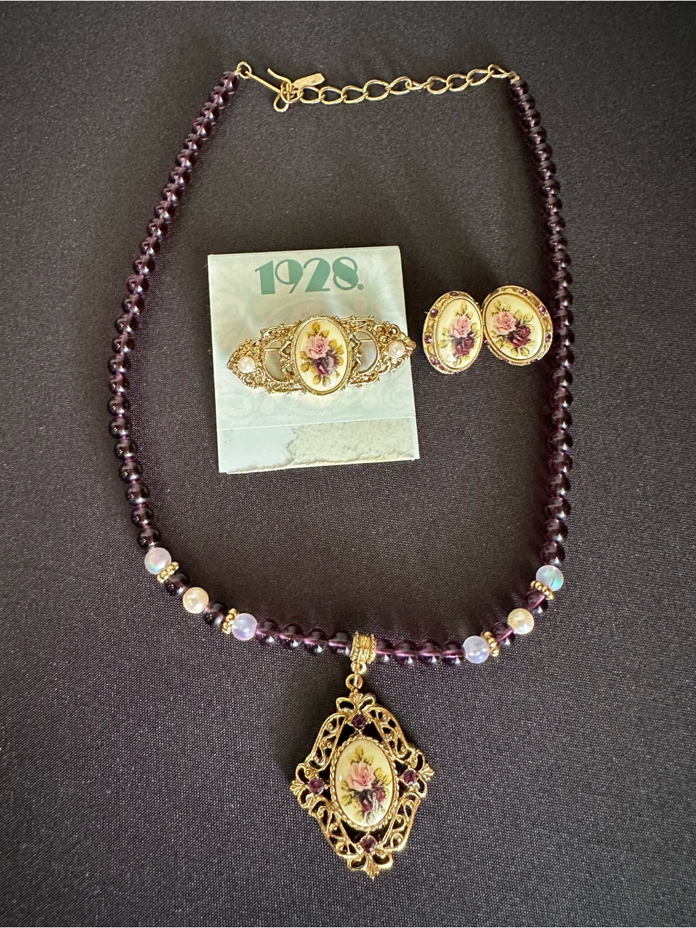 Vintage 1928  Manor House Oval Purple & Pink Rose Necklace, Earrings, Brooch Set